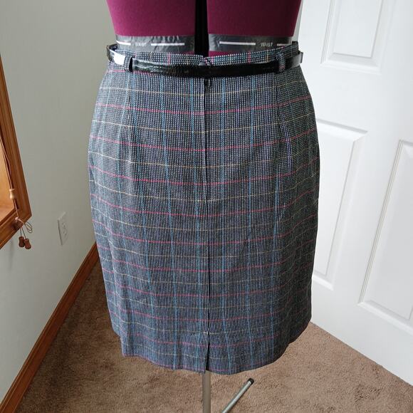 Worthington Vintage Wool Pencil Skirt 16 midi pockets black houndstooth +belt - Picture 3 of 16
